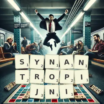 Kreatywna ilustracja do gry w Scrabble ze słowem SYNANTROPIJNI ułożonym z płytek na planszy.