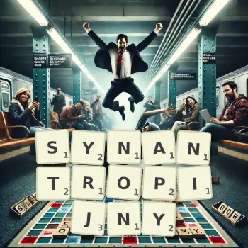 Kreatywna ilustracja do gry w Scrabble ze słowem SYNANTROPIJNY ułożonym z płytek na planszy.