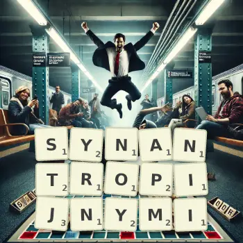 Kreatywna ilustracja do gry w Scrabble ze słowem SYNANTROPIJNYMI ułożonym z płytek na planszy.