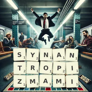 Kreatywna ilustracja do gry w Scrabble ze słowem SYNANTROPIZMAMI ułożonym z płytek na planszy.