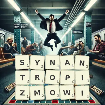 Kreatywna ilustracja do gry w Scrabble ze słowem SYNANTROPIZMOWI ułożonym z płytek na planszy.