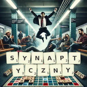 Kreatywna ilustracja do gry w Scrabble ze słowem SYNAPTYCZNY ułożonym z płytek na planszy.