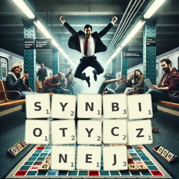 Kreatywna ilustracja do gry w Scrabble ze słowem SYNBIOTYCZNEJ ułożonym z płytek na planszy.