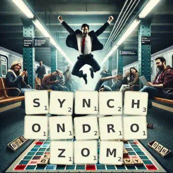 Kreatywna ilustracja do gry w Scrabble ze słowem SYNCHONDROZOM ułożonym z płytek na planszy.