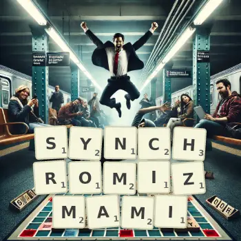 Kreatywna ilustracja do gry w Scrabble ze słowem SYNCHROMIZMAMI ułożonym z płytek na planszy.
