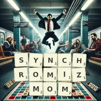 Kreatywna ilustracja do gry w Scrabble ze słowem SYNCHROMIZMOM ułożonym z płytek na planszy.