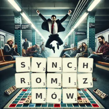 Kreatywna ilustracja do gry w Scrabble ze słowem SYNCHROMIZMÓW ułożonym z płytek na planszy.