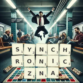 Kreatywna ilustracja do gry w Scrabble ze słowem SYNCHRONICZNA ułożonym z płytek na planszy.