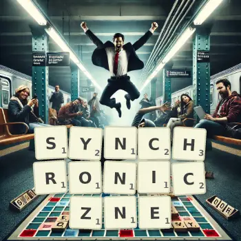 Kreatywna ilustracja do gry w Scrabble ze słowem SYNCHRONICZNE ułożonym z płytek na planszy.