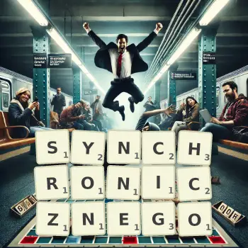 Kreatywna ilustracja do gry w Scrabble ze słowem SYNCHRONICZNEGO ułożonym z płytek na planszy.