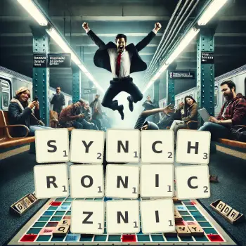 Kreatywna ilustracja do gry w Scrabble ze słowem SYNCHRONICZNI ułożonym z płytek na planszy.