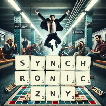 Kreatywna ilustracja do gry w Scrabble ze słowem SYNCHRONICZNY ułożonym z płytek na planszy.