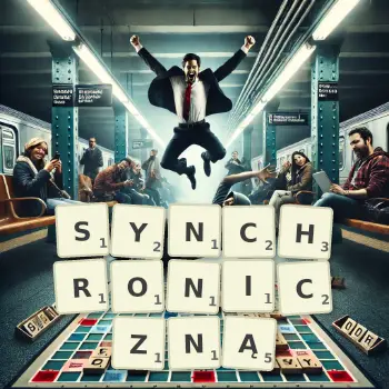 Kreatywna ilustracja do gry w Scrabble ze słowem SYNCHRONICZNĄ ułożonym z płytek na planszy.