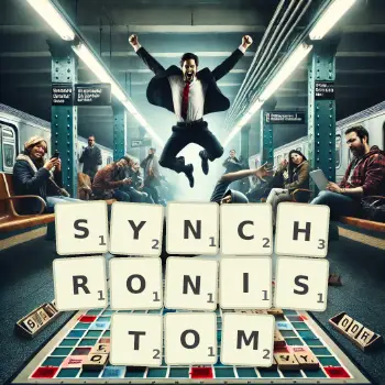 Kreatywna ilustracja do gry w Scrabble ze słowem SYNCHRONISTOM ułożonym z płytek na planszy.