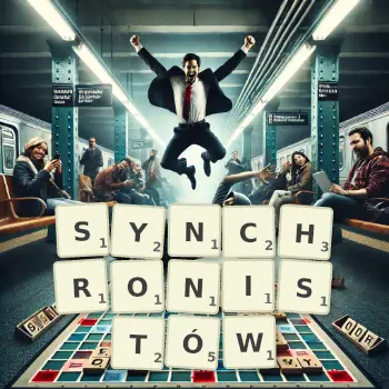 Kreatywna ilustracja do gry w Scrabble ze słowem SYNCHRONISTÓW ułożonym z płytek na planszy.
