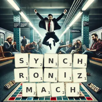 Kreatywna ilustracja do gry w Scrabble ze słowem SYNCHRONIZMACH ułożonym z płytek na planszy.
