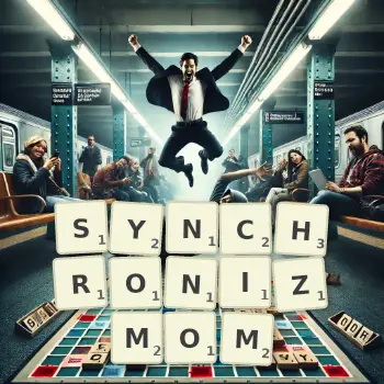 Kreatywna ilustracja do gry w Scrabble ze słowem SYNCHRONIZMOM ułożonym z płytek na planszy.