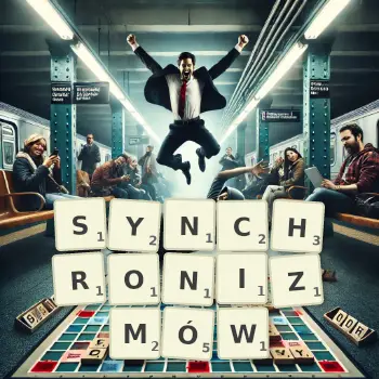 Kreatywna ilustracja do gry w Scrabble ze słowem SYNCHRONIZMÓW ułożonym z płytek na planszy.