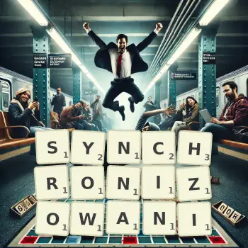 Kreatywna ilustracja do gry w Scrabble ze słowem SYNCHRONIZOWANI ułożonym z płytek na planszy.