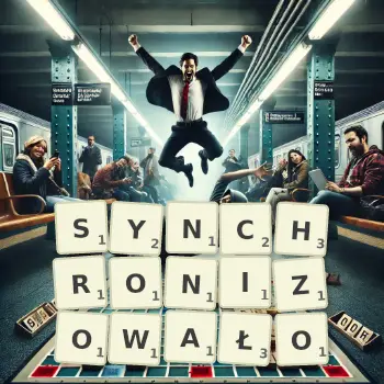 Kreatywna ilustracja do gry w Scrabble ze słowem SYNCHRONIZOWAŁO ułożonym z płytek na planszy.