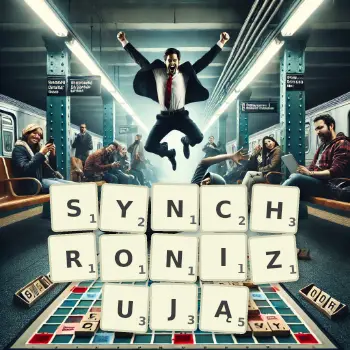 Kreatywna ilustracja do gry w Scrabble ze słowem SYNCHRONIZUJĄ ułożonym z płytek na planszy.