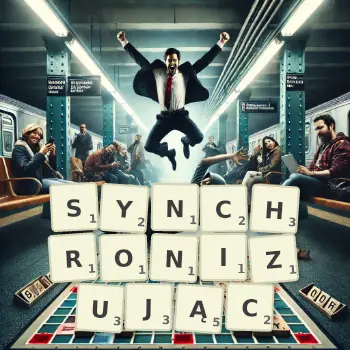 Kreatywna ilustracja do gry w Scrabble ze słowem SYNCHRONIZUJĄC ułożonym z płytek na planszy.