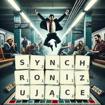 Kreatywna ilustracja do gry w Scrabble ze słowem SYNCHRONIZUJĄCE ułożonym z płytek na planszy.