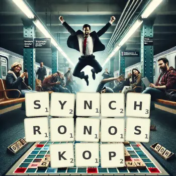 Kreatywna ilustracja do gry w Scrabble ze słowem SYNCHRONOSKOP ułożonym z płytek na planszy.