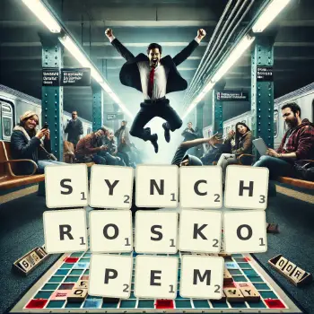 Kreatywna ilustracja do gry w Scrabble ze słowem SYNCHROSKOPEM ułożonym z płytek na planszy.