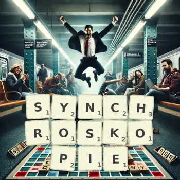Kreatywna ilustracja do gry w Scrabble ze słowem SYNCHROSKOPIE ułożonym z płytek na planszy.