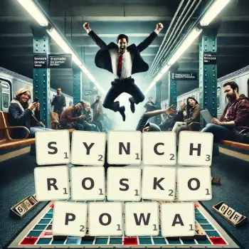 Kreatywna ilustracja do gry w Scrabble ze słowem SYNCHROSKOPOWA ułożonym z płytek na planszy.