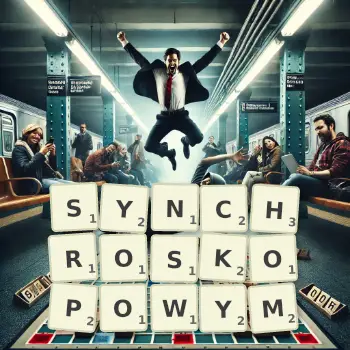 Kreatywna ilustracja do gry w Scrabble ze słowem SYNCHROSKOPOWYM ułożonym z płytek na planszy.