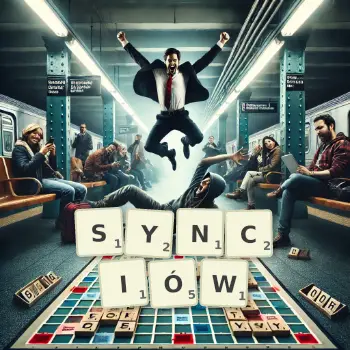 Kreatywna ilustracja do gry w Scrabble ze słowem SYNCIÓW ułożonym z płytek na planszy.
