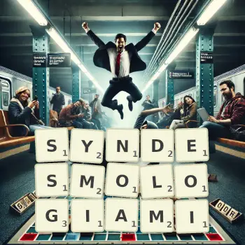 Kreatywna ilustracja do gry w Scrabble ze słowem SYNDESMOLOGIAMI ułożonym z płytek na planszy.