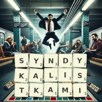 Kreatywna ilustracja do gry w Scrabble ze słowem SYNDYKALISTKAMI ułożonym z płytek na planszy.