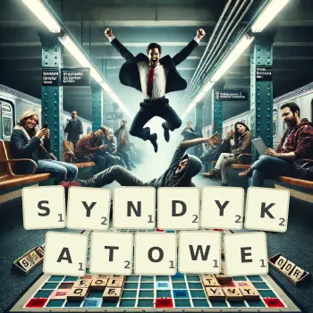 Kreatywna ilustracja do gry w Scrabble ze słowem SYNDYKATOWE ułożonym z płytek na planszy.