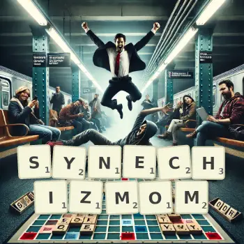 Kreatywna ilustracja do gry w Scrabble ze słowem SYNECHIZMOM ułożonym z płytek na planszy.