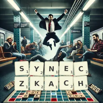 Kreatywna ilustracja do gry w Scrabble ze słowem SYNECZKACH ułożonym z płytek na planszy.