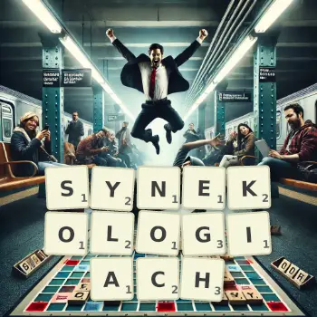 Kreatywna ilustracja do gry w Scrabble ze słowem SYNEKOLOGIACH ułożonym z płytek na planszy.