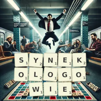 Kreatywna ilustracja do gry w Scrabble ze słowem SYNEKOLOGOWIE ułożonym z płytek na planszy.