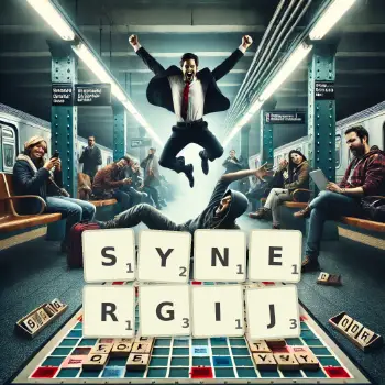 Kreatywna ilustracja do gry w Scrabble ze słowem SYNERGIJ ułożonym z płytek na planszy.