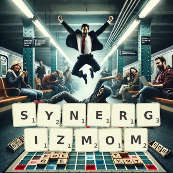 Kreatywna ilustracja do gry w Scrabble ze słowem SYNERGIZMOM ułożonym z płytek na planszy.