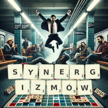 Kreatywna ilustracja do gry w Scrabble ze słowem SYNERGIZMÓW ułożonym z płytek na planszy.