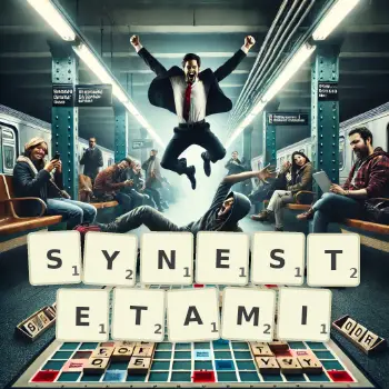 Kreatywna ilustracja do gry w Scrabble ze słowem SYNESTETAMI ułożonym z płytek na planszy.