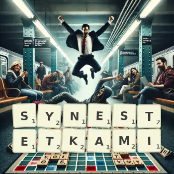 Kreatywna ilustracja do gry w Scrabble ze słowem SYNESTETKAMI ułożonym z płytek na planszy.