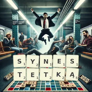 Kreatywna ilustracja do gry w Scrabble ze słowem SYNESTETKĄ ułożonym z płytek na planszy.
