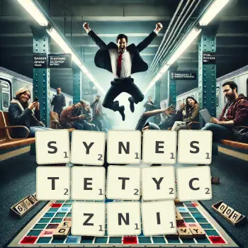 Kreatywna ilustracja do gry w Scrabble ze słowem SYNESTETYCZNI ułożonym z płytek na planszy.