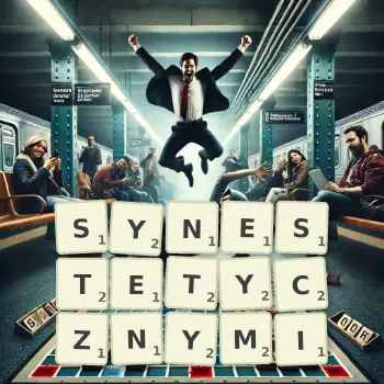 Kreatywna ilustracja do gry w Scrabble ze słowem SYNESTETYCZNYMI ułożonym z płytek na planszy.