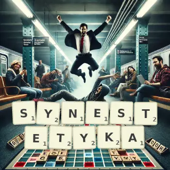 Kreatywna ilustracja do gry w Scrabble ze słowem SYNESTETYKA ułożonym z płytek na planszy.