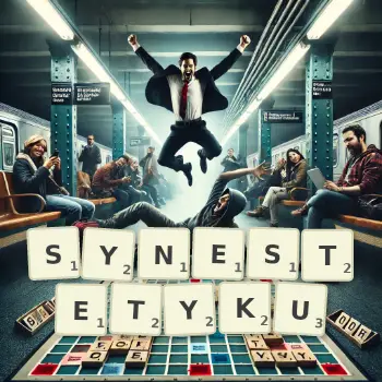 Kreatywna ilustracja do gry w Scrabble ze słowem SYNESTETYKU ułożonym z płytek na planszy.